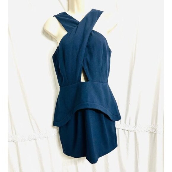 Finders Keepers Navy Blue Sleeveless Cross Front Cutout Peplum Knee Dress Size M - Picture 2 of 9